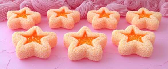Star-shaped treats with orange centers, arranged on pink background.  Sweet, pastel confectionery
