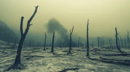 Gordijnen Kaki Desolate burned forest landscape with smoke and haze  © CamBot