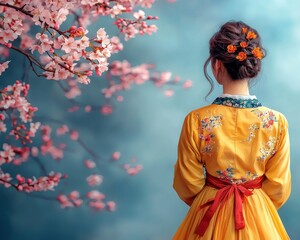 Fototapeta premium Woman in traditional yellow dress, contemplating under cherry blossoms