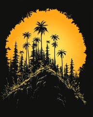 Silhouette of palm trees and evergreens atop a hill, set against a vibrant orange sun