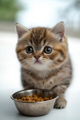 Adorable kitten looking at food bowl