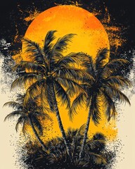 Three palm trees silhouetted against a large, fiery orange sun, set against a textured beige background