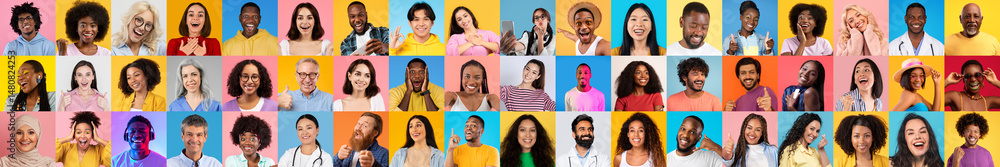 Poster a collection of joyful portraits showcasing a diverse group of people from various backgrounds.