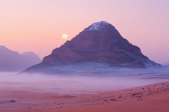 A majestic, snow-dusted mountain peak at sunset, casting a hazy glow over a vast desert landscape.