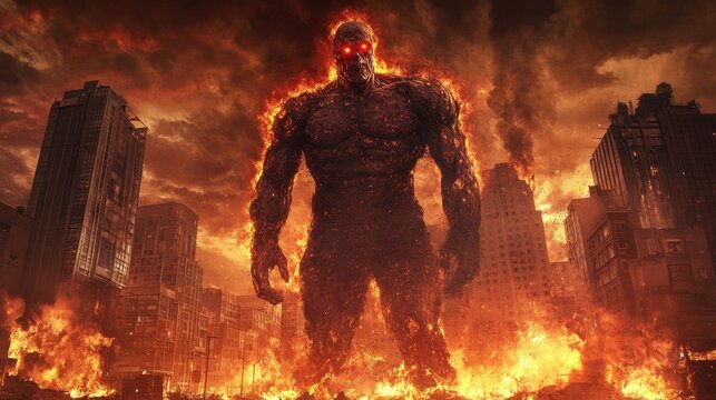 Fiery monster in burning cityscape apocalyptic destruction scene