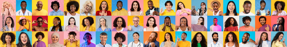 Poster smiling faces of diverse individuals are arranged in a colorful collage. this lively collection refl