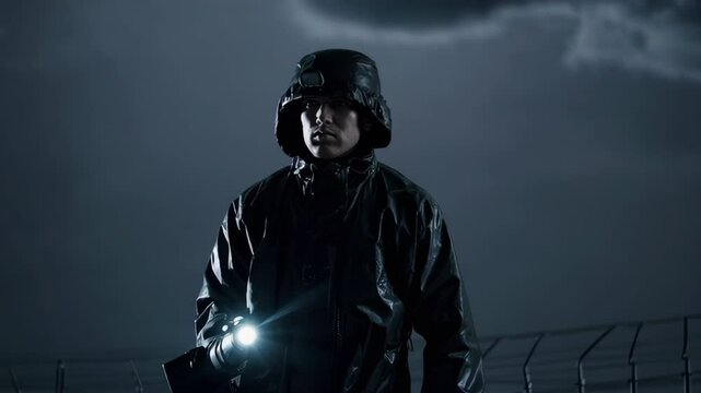 Security guard walking and shining flashlight near fence at night