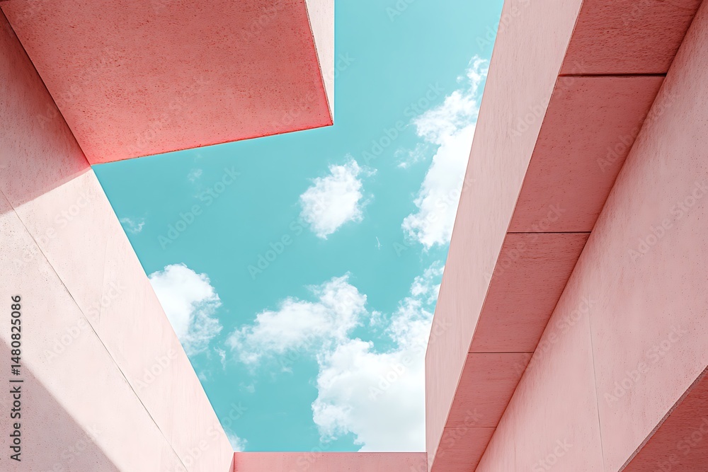 Poster pink building exterior with azure sky view featuring abstract geometric architecture
