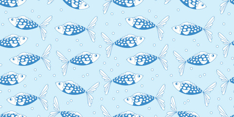 Cute children's seamless pattern. Vector illustration with hand-drawn fish. Pattern for textile design, wrapping paper, menu and printing, interior design. Calm soft blue and white colors.