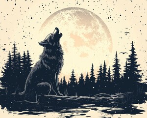 Wolf howling at the moon in a forest