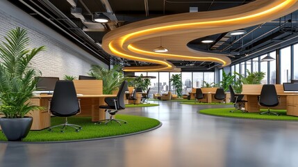 Modern office interior design incorporating plants and natural elements