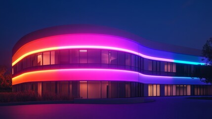 Futuristic Curved Building with Rainbow LED Lighting at Night, architecture, design