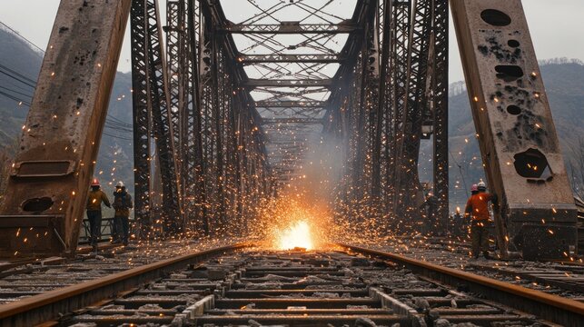 Metal railroad bridge repair intense sparks construction industrial