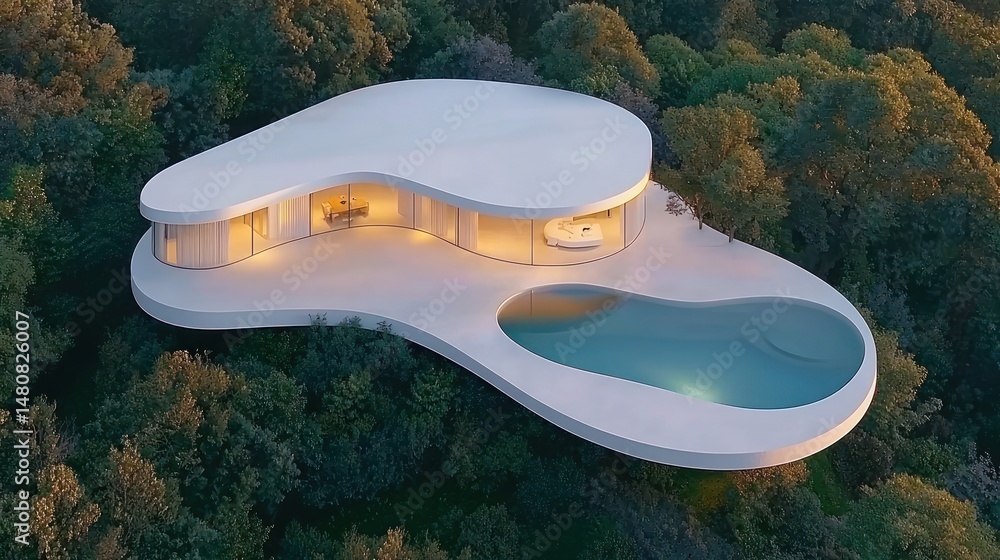 Poster modern minimalist white home with pool set within lush forest