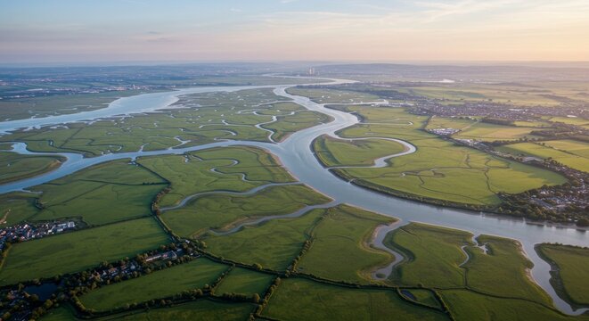 Aerial View of Swale Estuary, Kent, Isle of Sheppey - Serene landscape showcasing the meandering Swale Estuary in Kent, England. Symbolising tranquility, nature's artistry, geographical beauty
