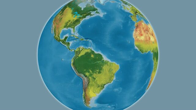 Suriname on the globe. Outline. Topographic map. No labels