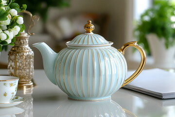 Sipping tea becomes a luxurious ritual as a beautiful blue teapot with golden details rests on a sleek surface, bathed in warm sunlight surrounded by lush plants