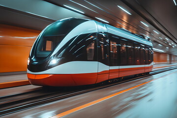 Fototapeta premium Modern train glides through urban underground tunnel at twilight showcasing sleek design and vibrant colors