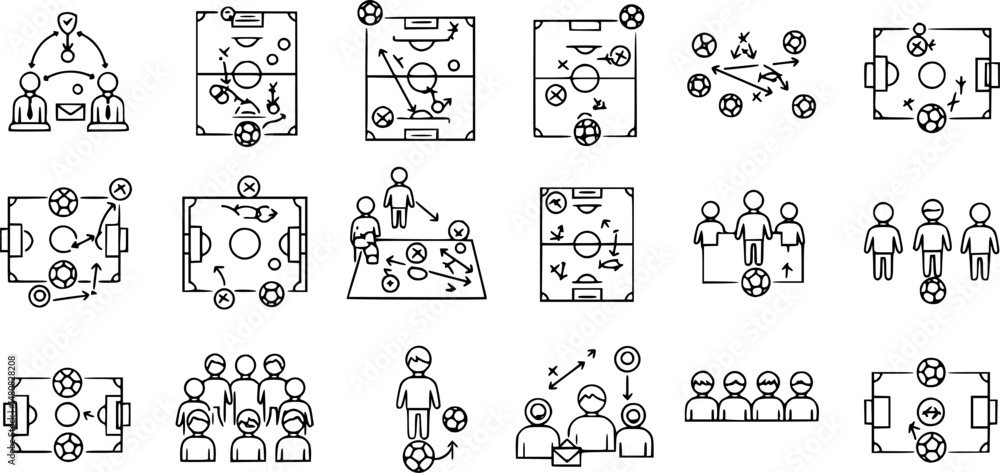 Poster set of strategy, football icon. simple line, outline elements of soccer for ui and ux, website or mo