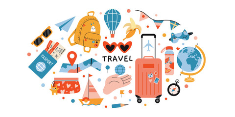 Oval composition with travel themed items like luggage, suitcase, tickets, map and sunglasses. Tourism and vacation planning set. Vector illustration isolated on white, hand drawn, flat © WinWinFolly