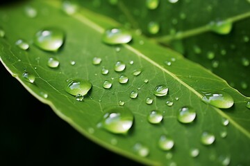 Dew drops on lush green leaves