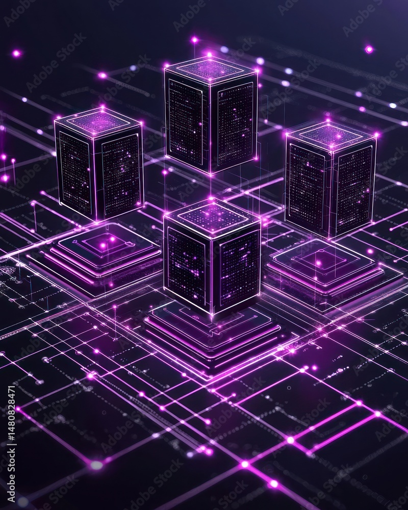 Poster interconnected glowing cubes on a circuit board, representing a network or data center