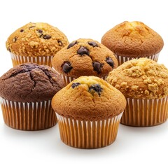 Assorted Delicious Muffins Isolated - A delightful collection of six assorted muffins, showcasing chocolate chip, crumb topping, and blueberry varieties. These baked goods represent sweetness