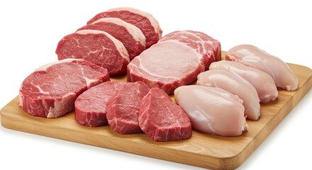 Fototapeta premium Assorted Meat Selection on Wooden Board - A variety of fresh meat cuts including beef steaks, pork chops, and chicken breasts arranged on a light brown wooden cutting board