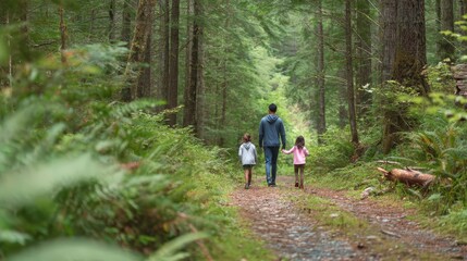 Fototapeta premium A father walks with his two daughters on a forest trail.