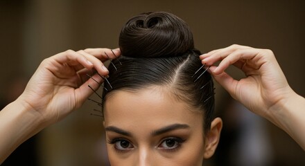 Styling a sleek bun with bobby pins. The model's eyes and hands are visible, demonstrating a simple at-home hair updo technique.