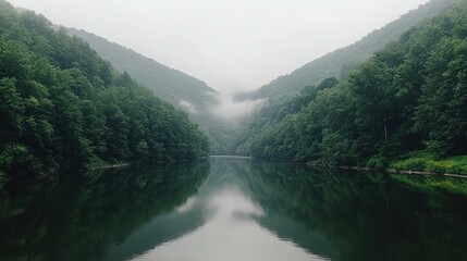 A serene mountain lake with a dense forest on either side, reflecting the misty atmosphere.