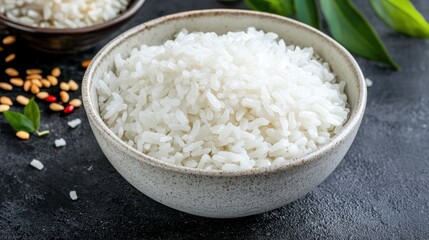 A bowl of white rice with a speckled brown rim, accompanied by scattered grains of rice and a few green leaves.