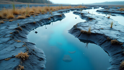 Wetland soil with blue-gray mottling and rust-colored pools, water reflections, hydroformic earth texture, abstract nature patterns.
