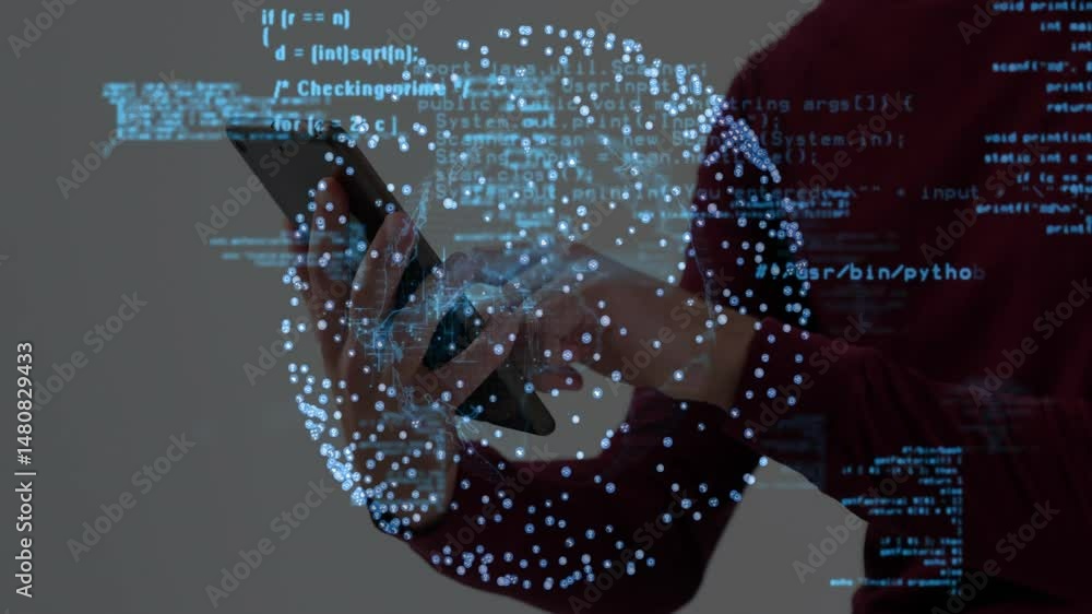 Poster male developer holding tablet while projecting holographic blue network with floating code graphics