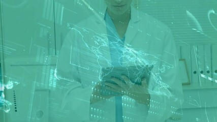 woman medical expert holding tablet presenting health data with holographic world map and charts