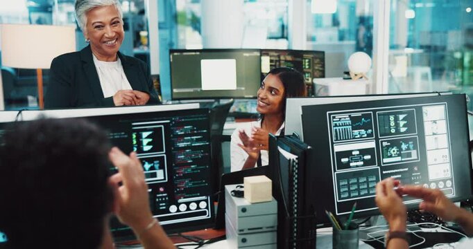 Woman, staff and applause with computer for success of programming, software solution and teamwork. People, cheering and congratulations for server update, coding winner and celebration of innovation