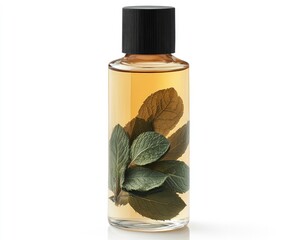 Clear bottle with light amber liquid and pressed leaves