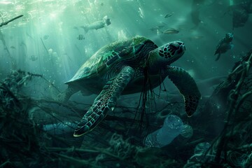 Fototapeta premium Sea turtle swimming in polluted ocean with plastic waste
