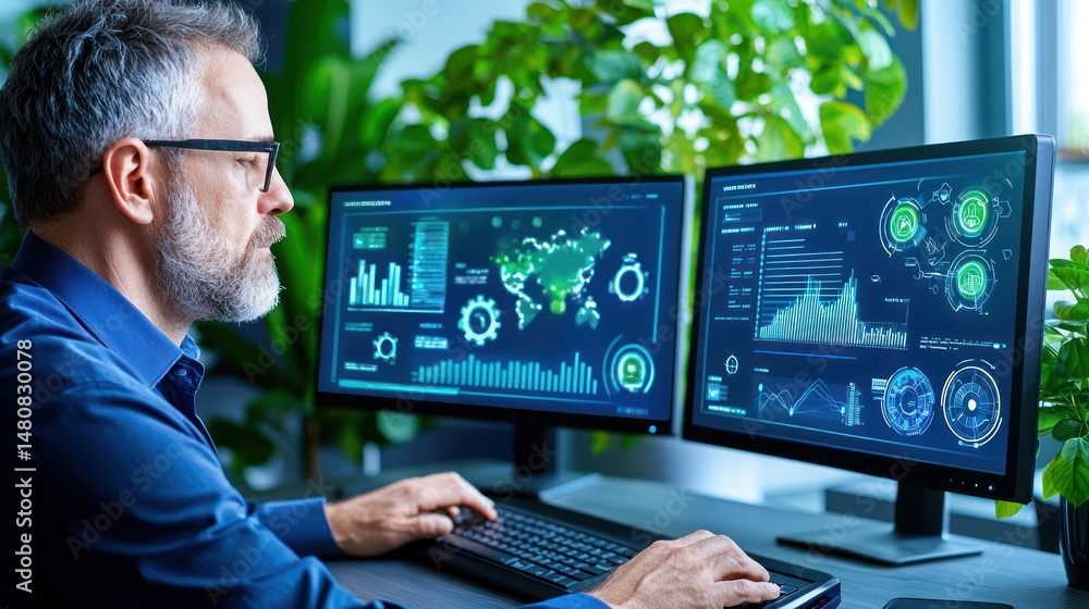 Poster Man analyzes data on dual computer screens in office