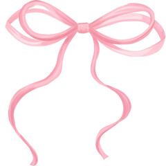 Watercolor style pink bow with long ribbons on a transparent background.