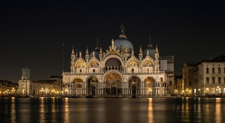 Obraz premium Basilica di San Marco at Night - Stunning nighttime view of the Basilica di San Marco in Venice, Italy, reflecting in the calm waters
