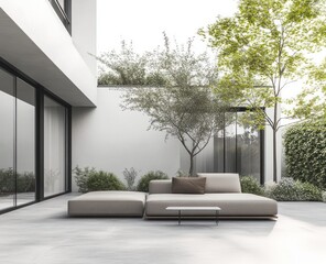 Modern, minimalist outdoor living space.  Outdoor patio with seating, furniture and lush greenery