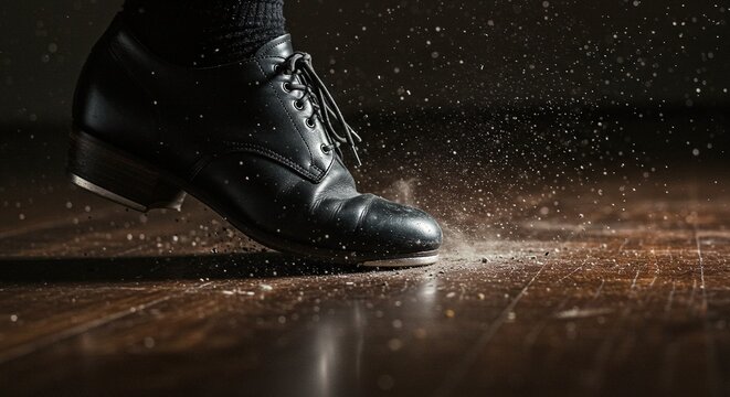 Close-up of a performer's shoe tap dancing on a hardwood floor, kicking up dust in a dimly lit room, showcasing rhythm and movement.