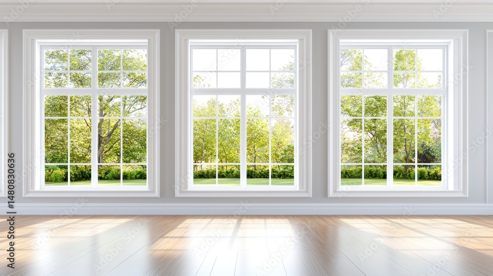 Poster three large windows offer a scenic view from inside