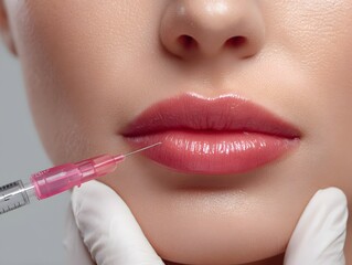 Woman is getting a lip injection. The injection is done with a syringe and the woman is wearing gloves