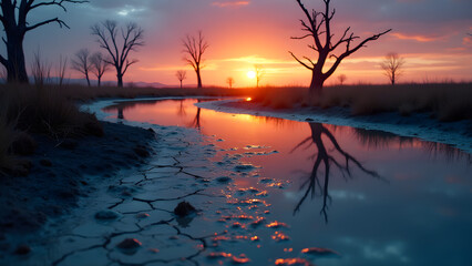 Sunset over blue marshland, water reflections, dead trees silhouetted, dramatic wetland soil with cracked patterns.