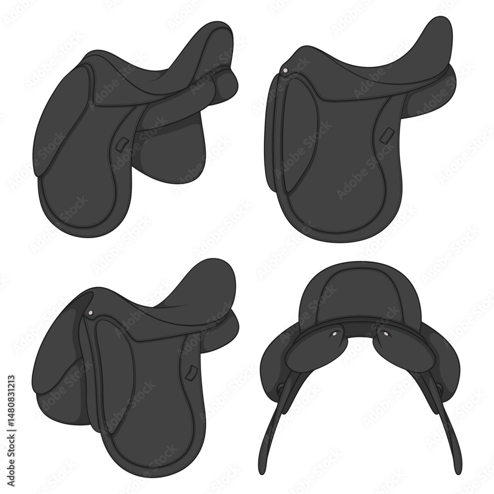 Poster set of color illustrations with black horse saddle. isolated vector objects on white background.