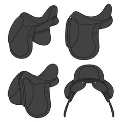 Set of color illustrations with black horse saddle. Isolated vector objects on white background.
