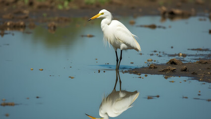 White wading bird reflected in blue mud, pristine wetland scene, mirror-like soil surface with iron oxide accents.