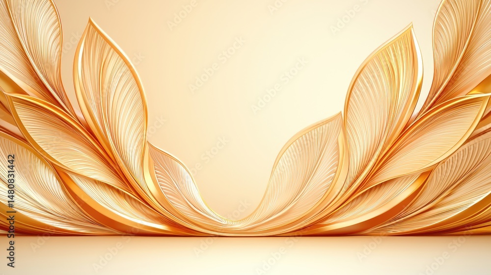 Poster abstract arrangement of golden feather like shapes framing a soft background